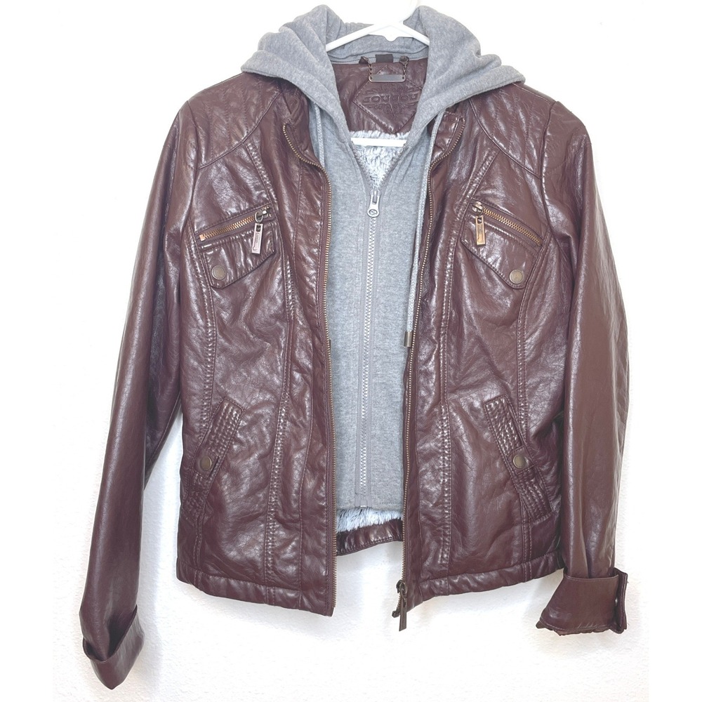 Joujou Women Moto Jacket Vegan Leather Removable Hoodie Small Burgundy